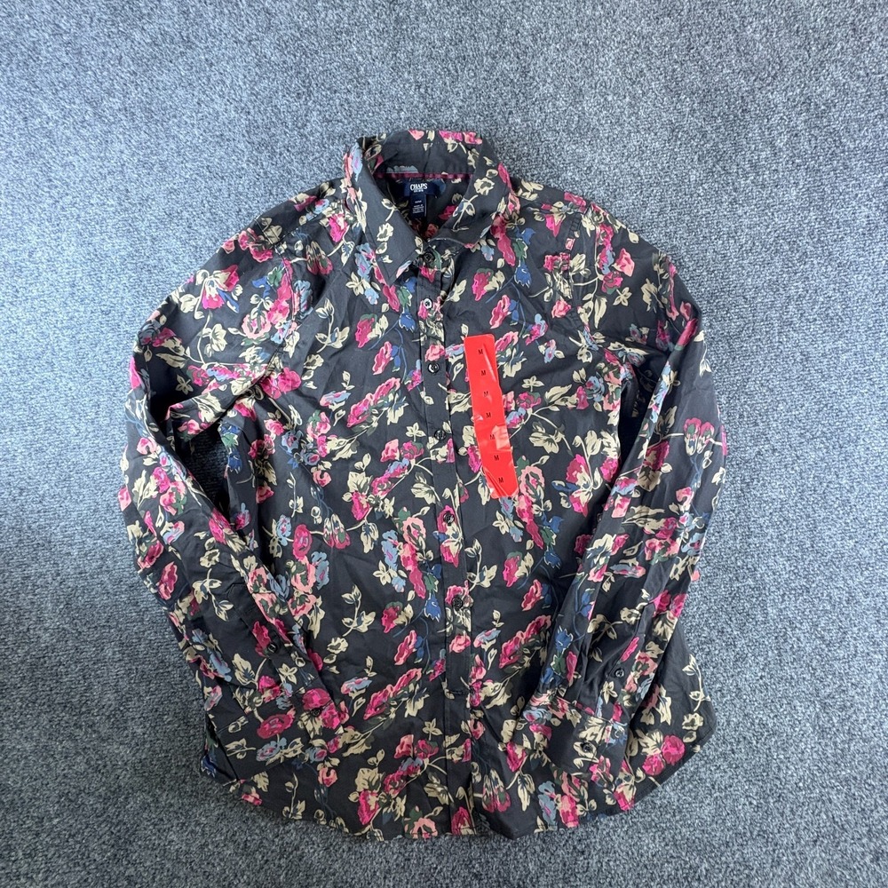 CHAPS Shirt Womens Medium Black Stretch Allover Floral Print Casual Button Up